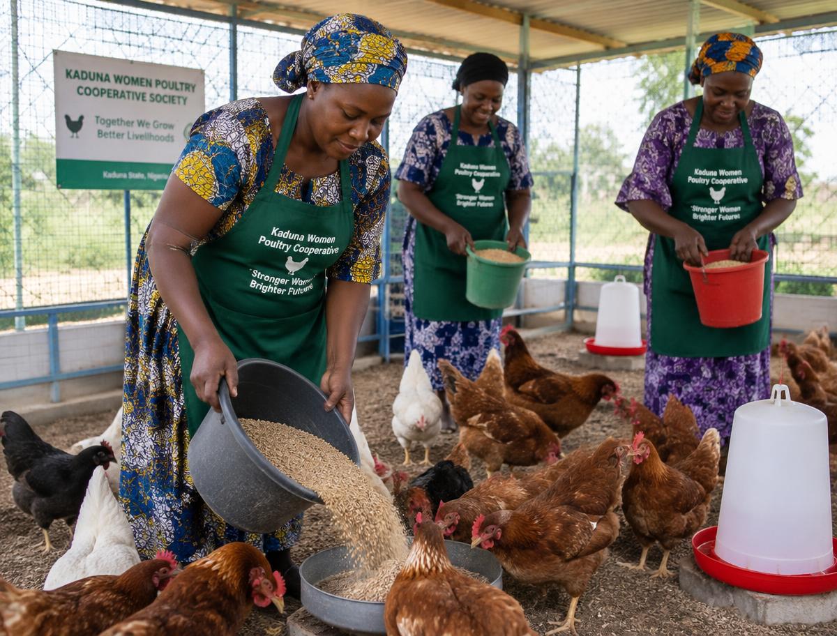 Women members feeding poultry at a cooperative farm.