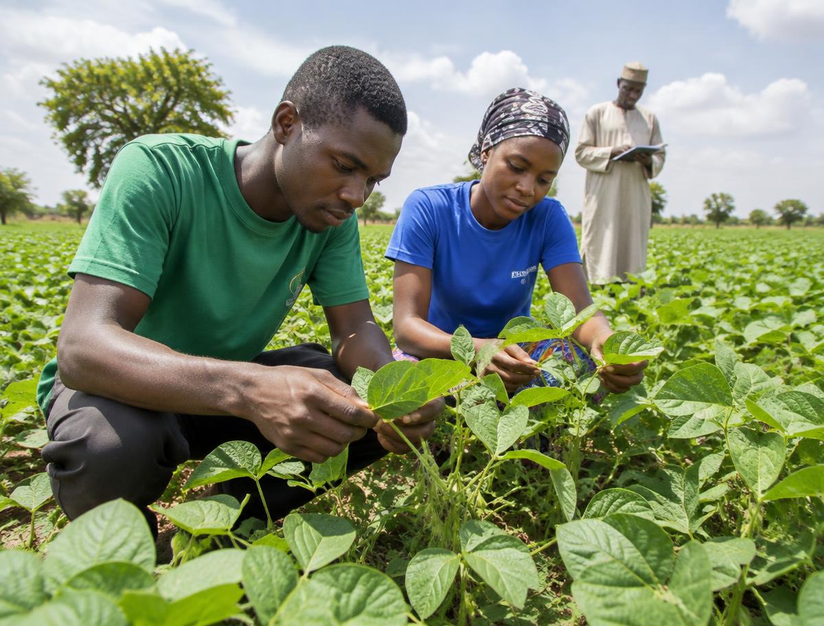 Young farmers inspecting soybean plants on our farm.
