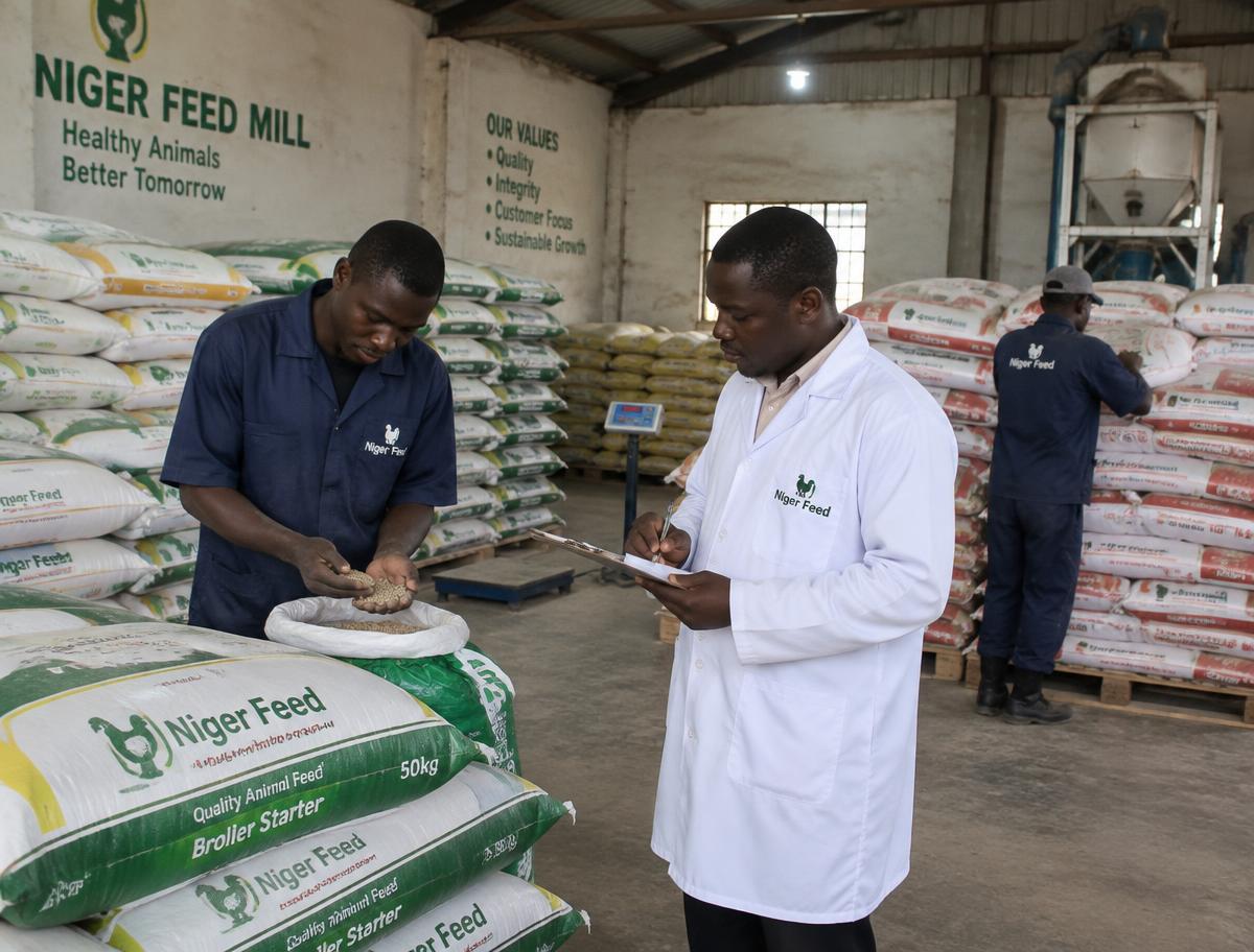 Quality checks on animal feed ahead of distribution.