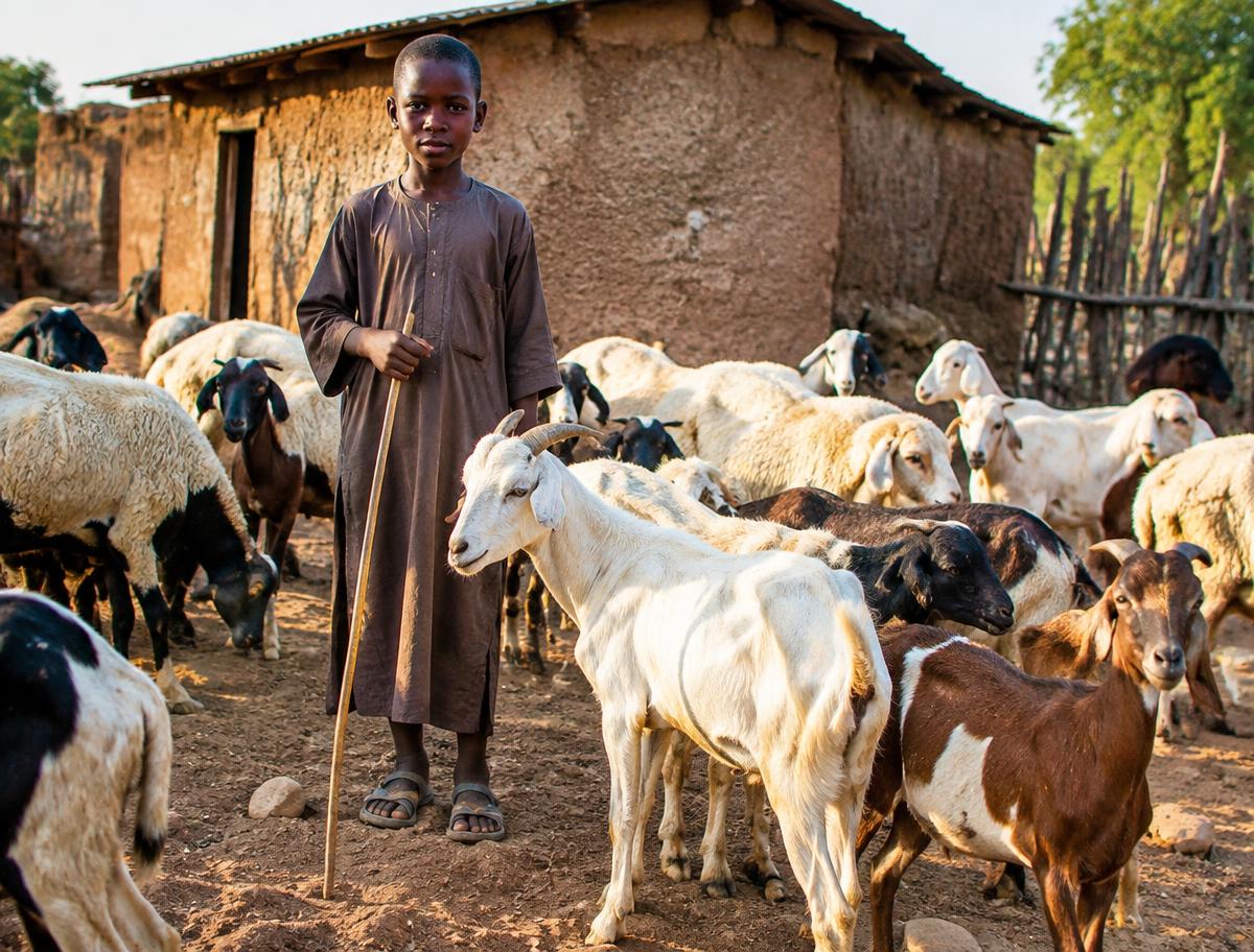 Healthy goats and sheep raised by a young herder.